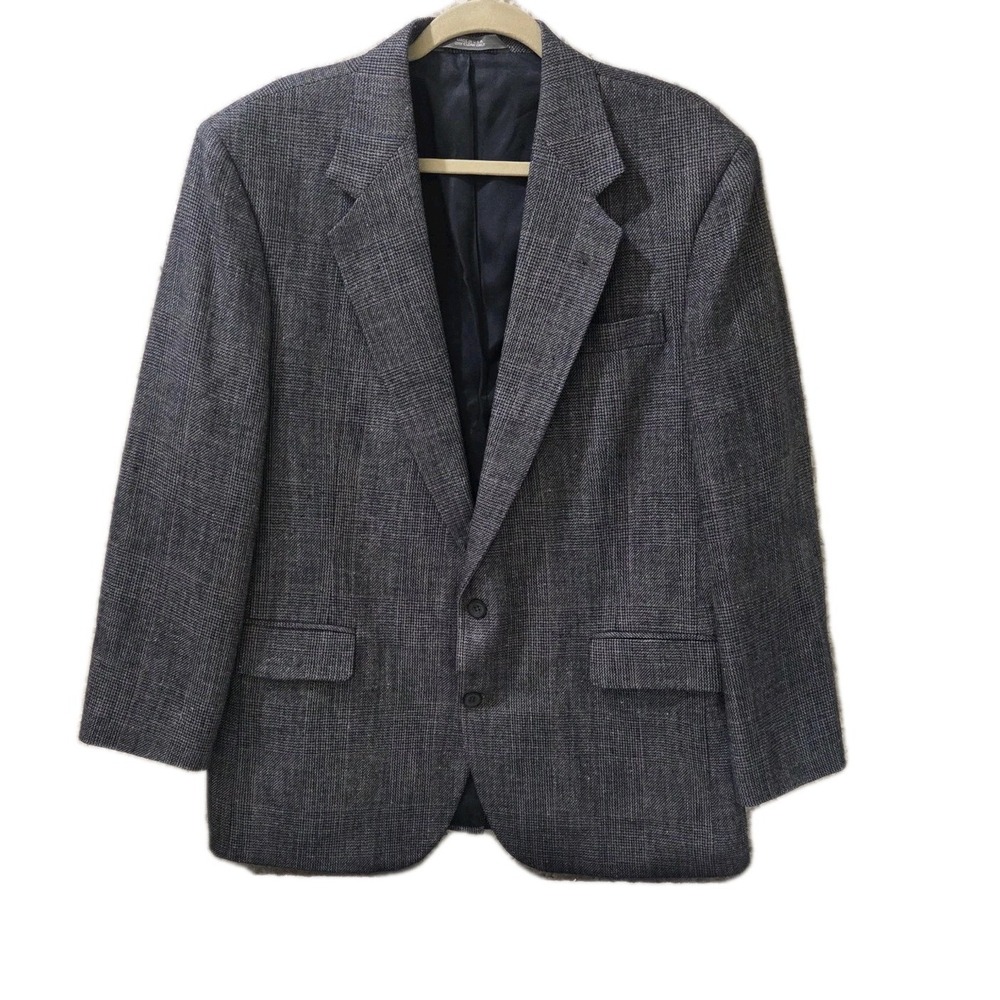 Haggar Imperial Blazer Mens 44 Gray Plaid Sport Coat Wool Blend 2‎ Button Lined